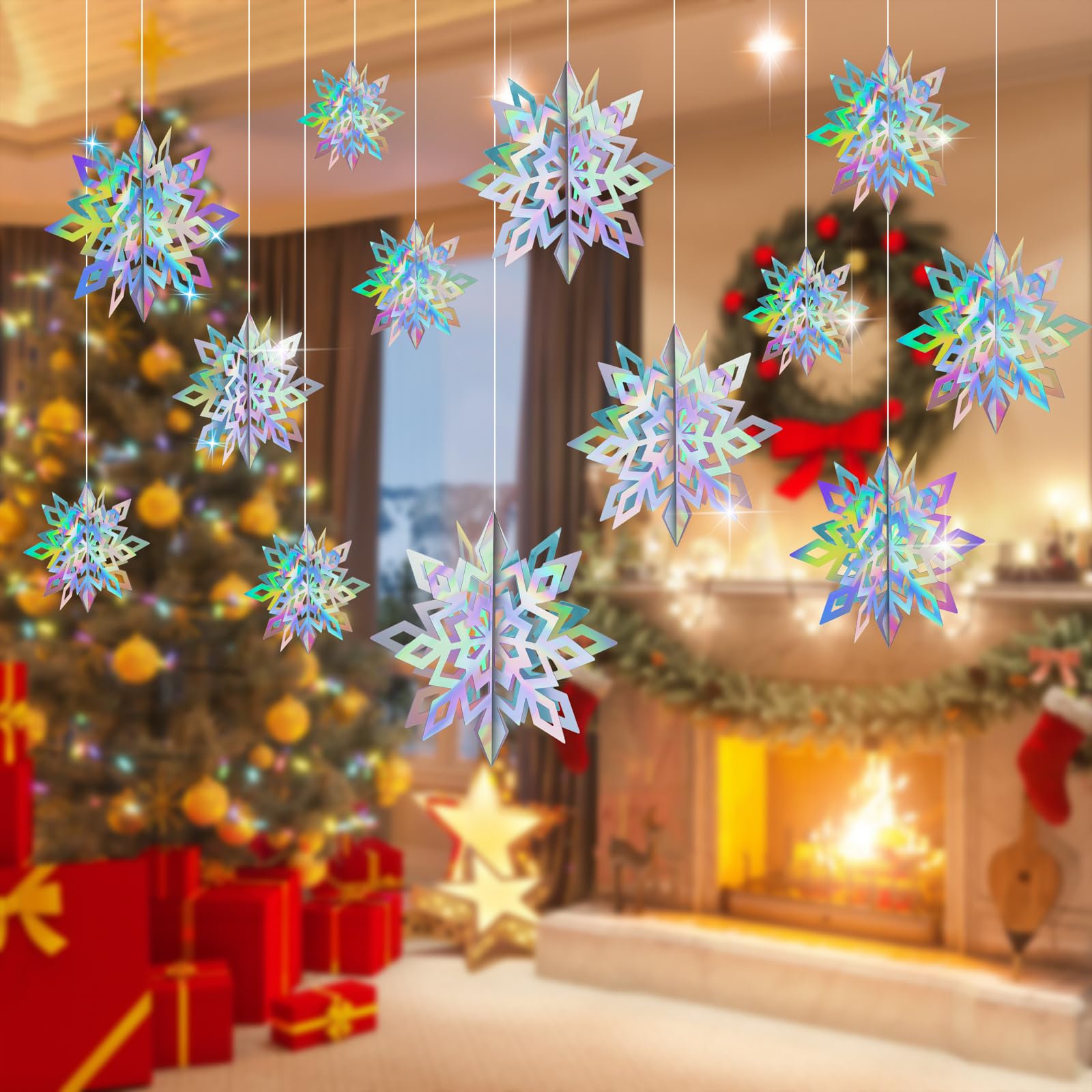Crafare 18Pcs Christmas Hanging Holographic Snowflake Ornamnets 3D Paper Snowflakes Garland Sparkly 3 Size For Winter Wonderland
